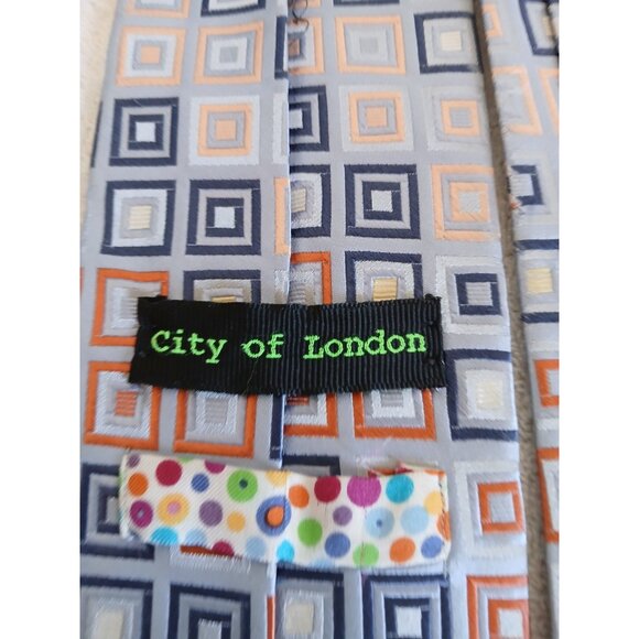 City Of London Silk Tie Gray With Geometric Squares Office Career - Picture 4 of 9